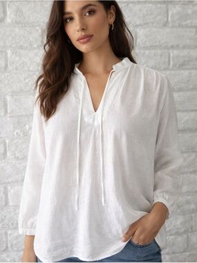 Uniqlo White Tie Front Three Quarter Sleeve Blouse
